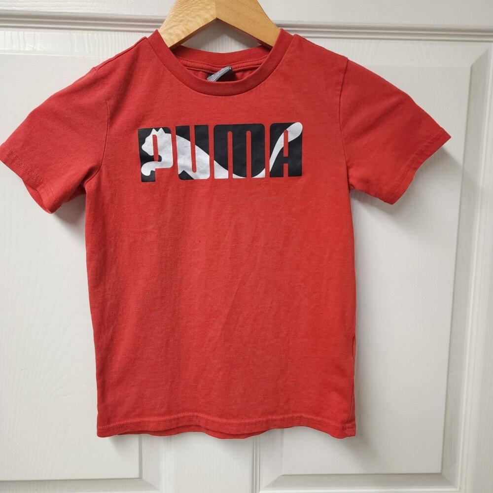 Puma graphic red logo short sleeve crew t-shirt boys size 6 active play